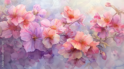 A symphony of sweetheart blossoms in watercolor, their tender tints of lavender and pink intertwined with Valentines artistry, whispering loves promise photo