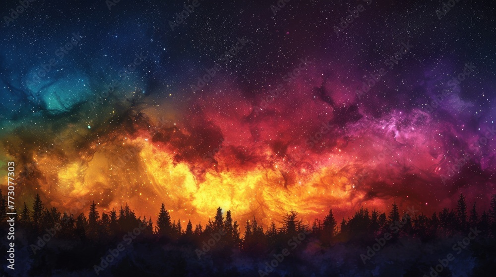 Vibrant Cosmic Nebula Over Pine Forest. 