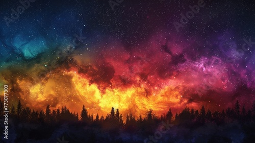 Vibrant Cosmic Nebula Over Pine Forest.  © kmmind