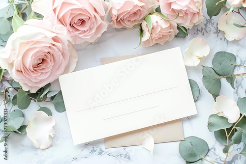 Elegant wedding or birthday stationery mockup with blank greeting card and floral composition of pink roses, peonies, and eucalyptus leaves, invitation design concept © furyon