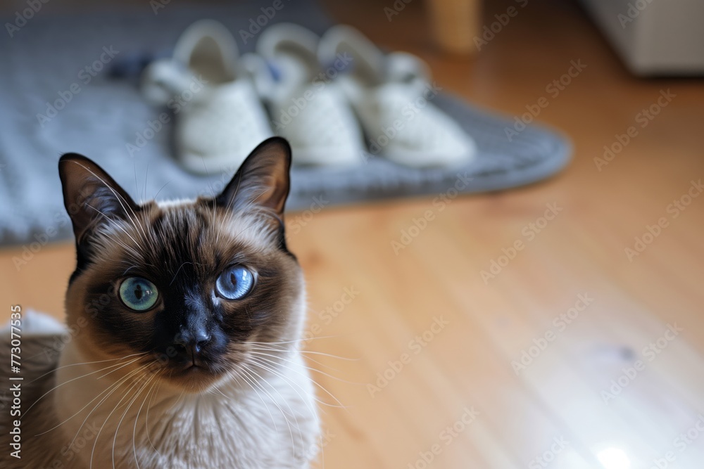 blueeyed cat staring into camera, slippers forgotten in the background