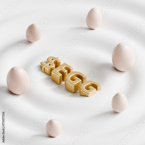 Colorful abstract Easter background with eggs and golden word Egg with dollar sign, 3d render