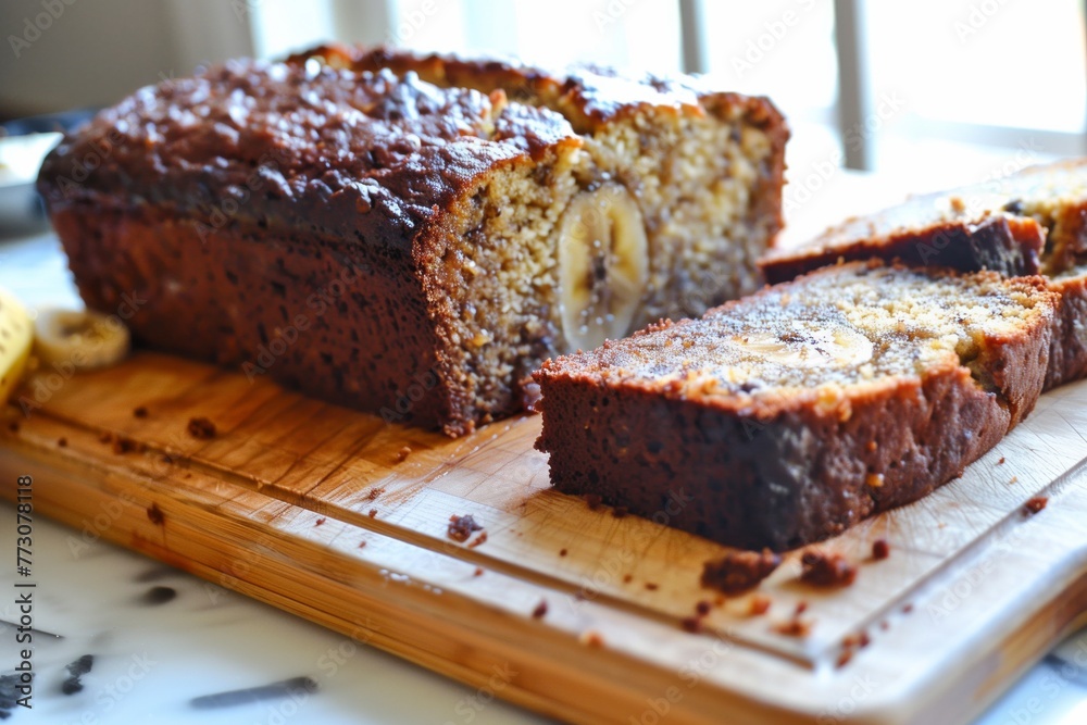 slicing a thick piece of banana bread on a cutting board slicing a thick piece of banana bread on a cutting board