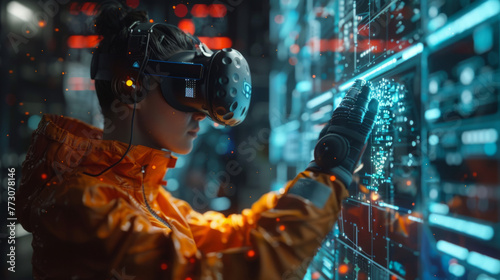 Operation control and management. A person in a VR headset reaches out to a futuristic interface with floating digital graphics.