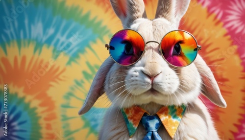 A hip rabbit dons reflective rainbow sunglasses against a psychedelic tie-dye background, radiating a cool, funky vibe perfect for creative or festive concepts