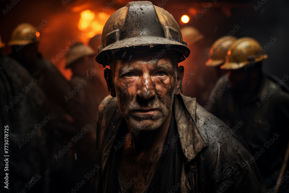 Resilient Coal Miner at Work. Coal miner wearing a dirty helmet with a headlamp. His face and clothes are covered in coal dust, indicating a long day of work underground. Generative AI