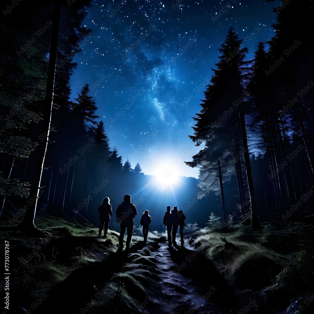 A group of people hiking towards the lights of the moon or the sun in weekend