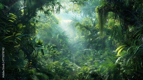 A lush green forest filled with sunlight and tropical plants  perfect for a summer escape Generative AI