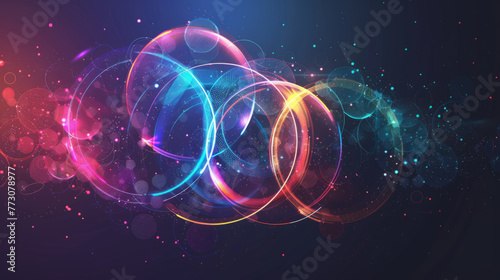 Abstract image showcasing vibrant neon lines intertwined to form an intricate pattern against a dark background with a subtle bokeh effect photo