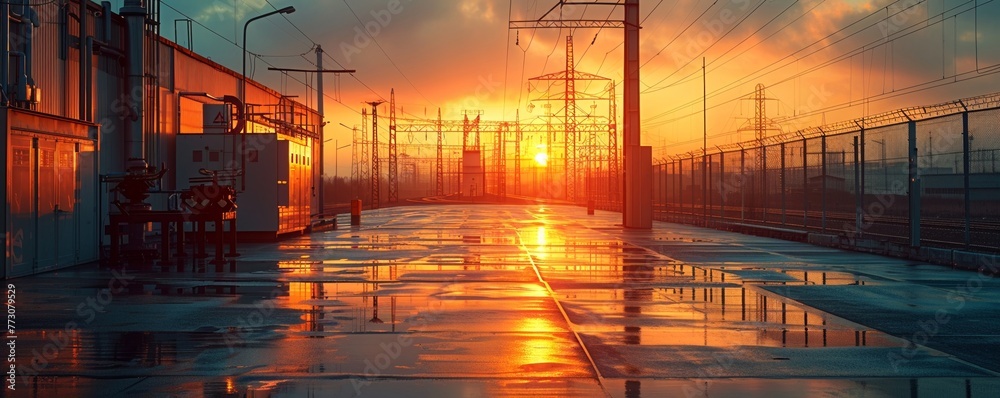 highlights the elongated shadows of electrical equipment in the enchanting light of sunrise or sunset Make your imagery stand out with this captivating play of shadows