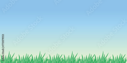 Vector outline green grass isolated on blue sky background. Herbal Border, horizontal bottom edging, lawn panoramic landscape. Template, design element for postcard, illustration.