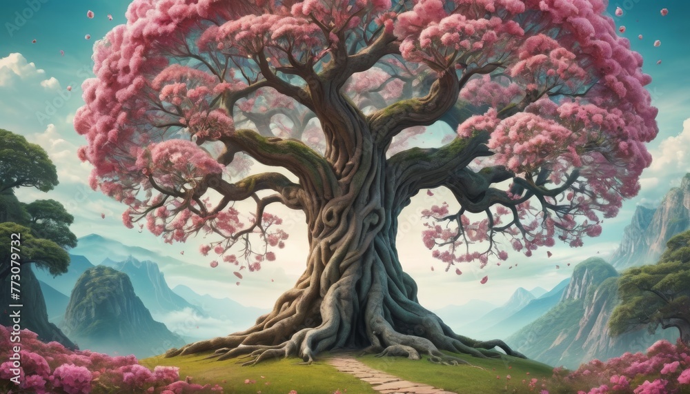 Fantastical digital art of a colossal cherry blossom tree with a winding path leading to its base amidst a lush, mountainous landscape.