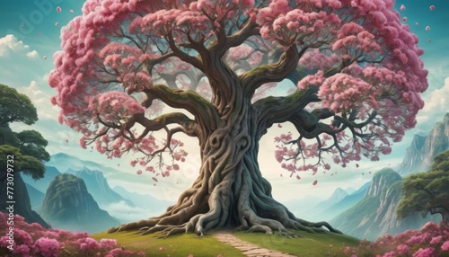 Fantastical digital art of a colossal cherry blossom tree with a winding path leading to its base amidst a lush, mountainous landscape. © video rost