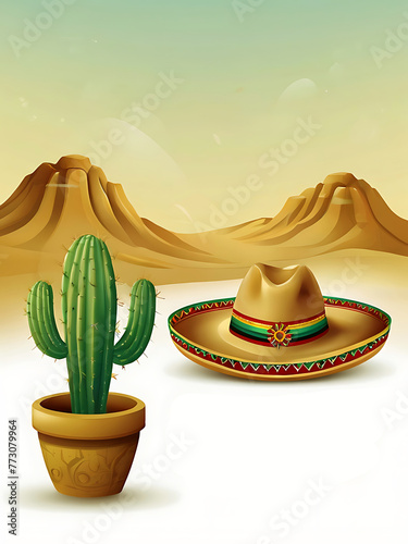 a cactus plant with a hat on top with traditional of cinco de mayo. Generative AI