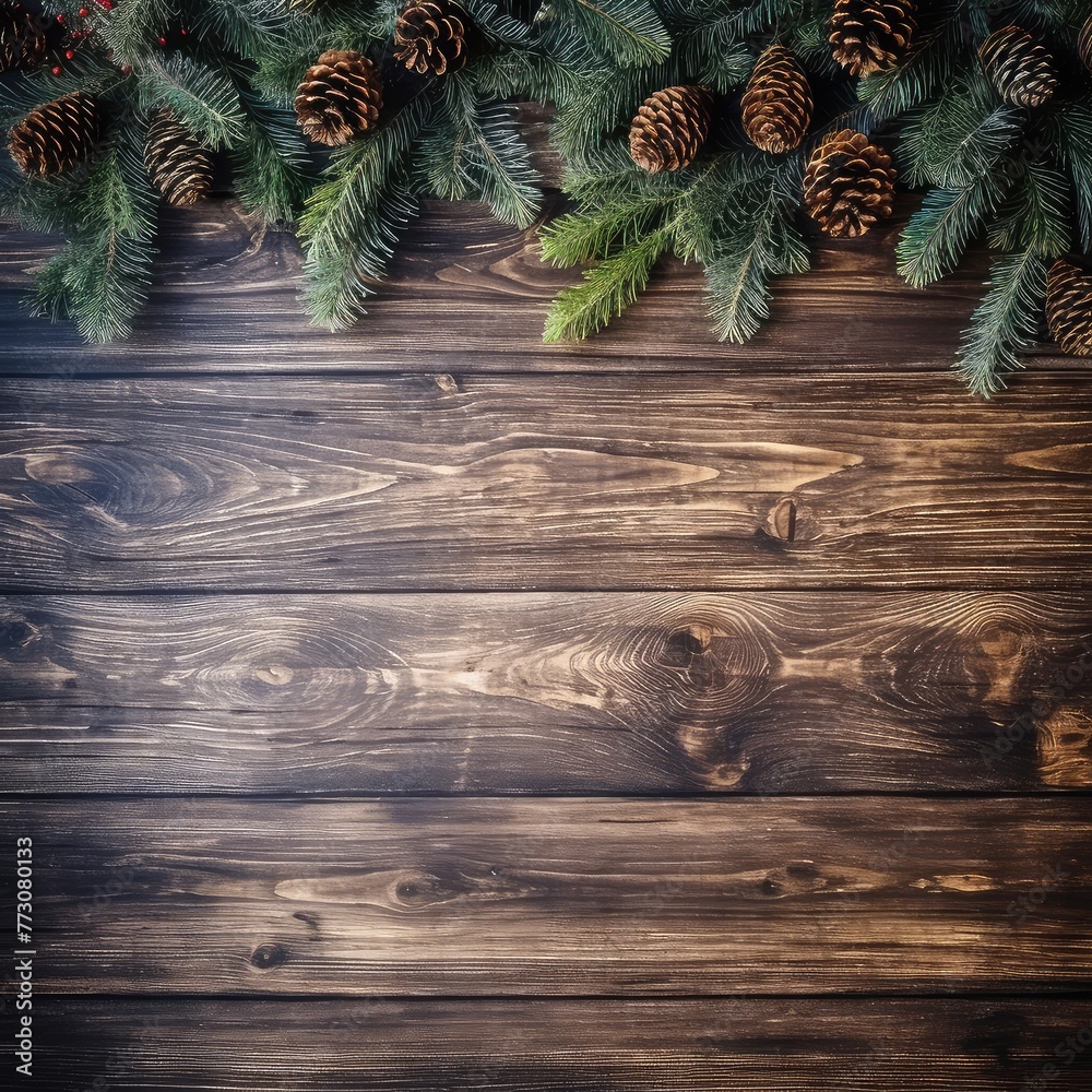 Christmas background. christmas decoration with fir branches on wooden background, top view