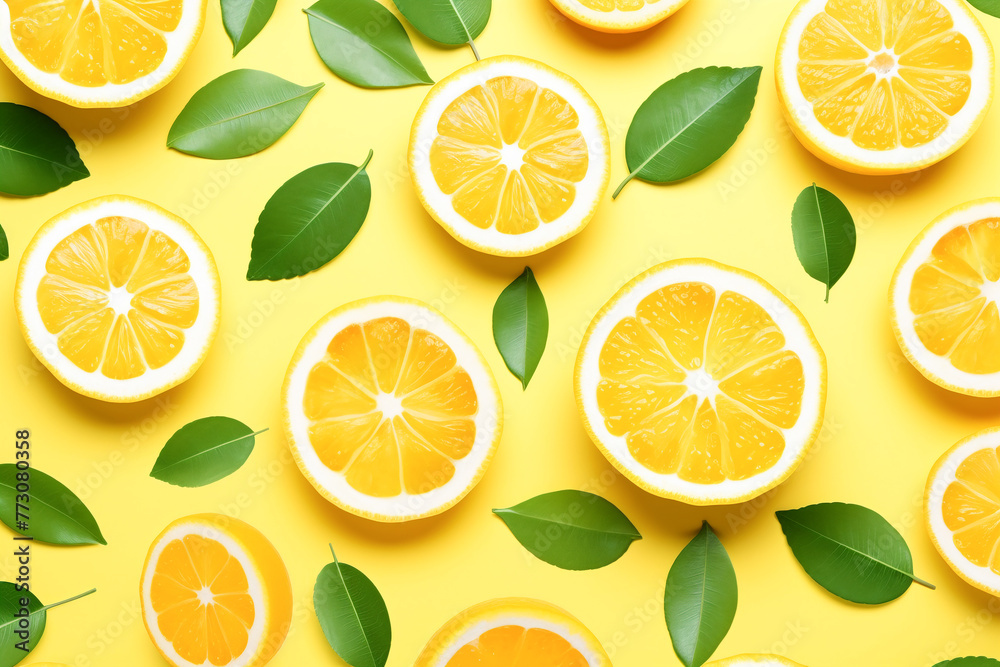 Fresh lemons and slices with green leaves on a vibrant background. Juicy and nutritious citrus fruits. Fresh lemons and slices with green leaves on a vibrant background. Juicy and nutritious citrus fruits.