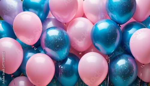 A joyful celebration captured through an abundance of glistening blue and pink balloons  perfect for festive backgrounds or events