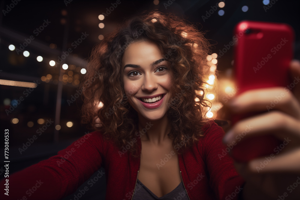 Glowing Selfie: Young Woman Captures Moment with Neon ligts. Portrait of a woman in a night city. Generative AI