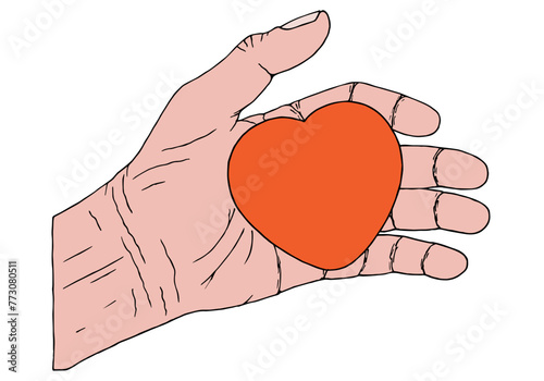 Human heart in hand. Life concept. Take care of life. Heart diseases. Mercy and help. Freehand drawing. Doodle. Hand Drawn. Outline.