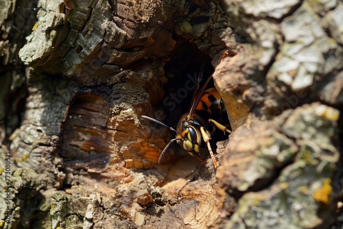 closeup of a hornet entering a nest in a tree hollow