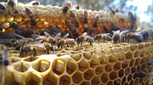 Zbliżenie na grupkę pszczół pracujących na plastrze miodu