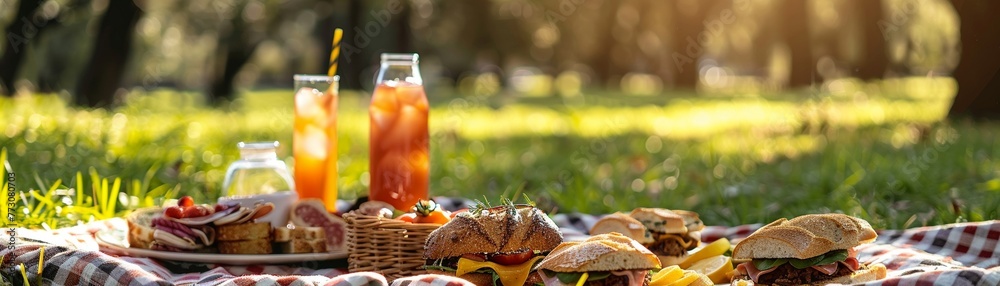  a stylish picnic spread on a checkered blanket in a lush park Highlight gourmet sandwiches, charcuterie, and refreshing drinks Perfect for a summer lifestyle catalogs centerfold - obrazy, fototapety, plakaty 