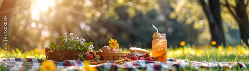 a stylish picnic spread on a checkered blanket in a lush park Highlight gourmet sandwiches, charcuterie, and refreshing drinks Perfect for a summer lifestyle catalogs centerfold