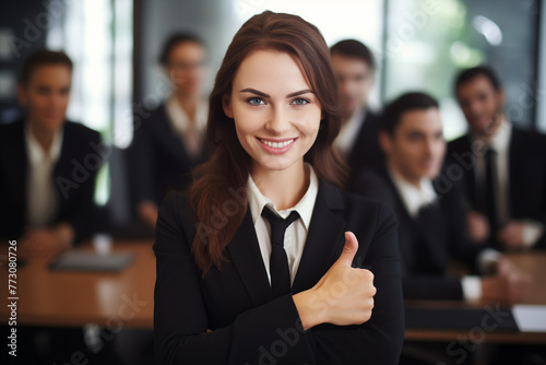 Portrait of a smiling businesswoman. Businesswoman in a black suit in an office environment. She is smiling and making thumb up hand gesture with shis finger. Generative AI photo