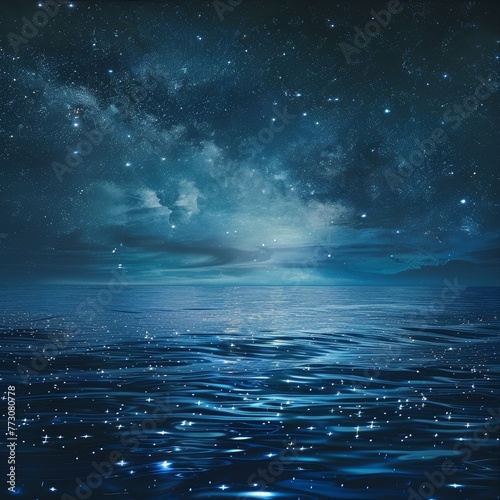 Starry night over calm waters, illustration, peaceful cosmic theme