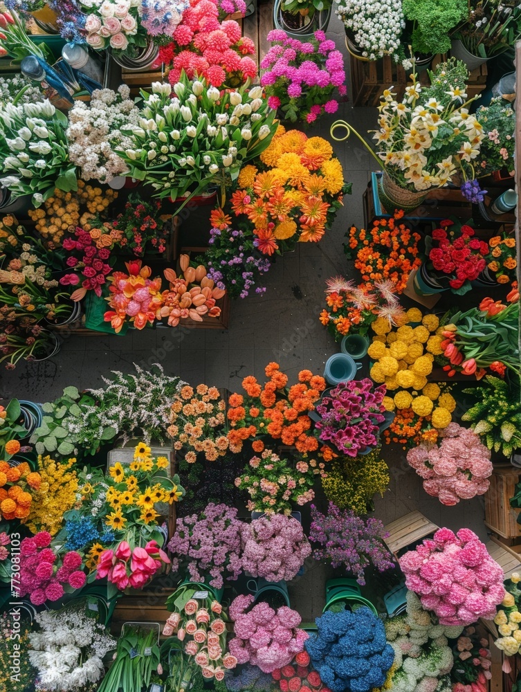 Design a top-down view image of a vibrant flower shop bustling with activity Include a variety of colorful flowers, greenery, and a busy florist arranging beautiful bouquets