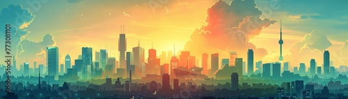 silhouette graphic illustrating the harmony between a modern city skyline and renewable energy solutions like hydrogen fuel cells or geothermal power Highlight the urban environment
