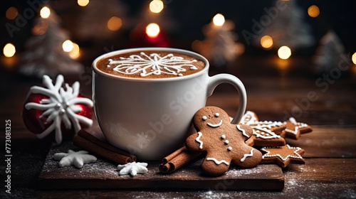 Christmas drink cup of hot chocolate with marshmallows and gingerbread cookies
