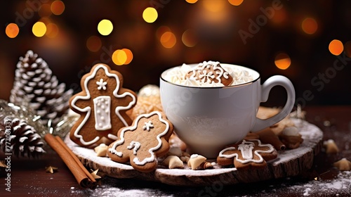 Christmas drink cup of hot chocolate with marshmallows and gingerbread cookies