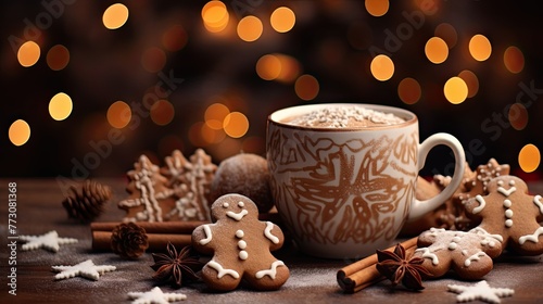 Christmas drink cup of hot chocolate with marshmallows and gingerbread cookies