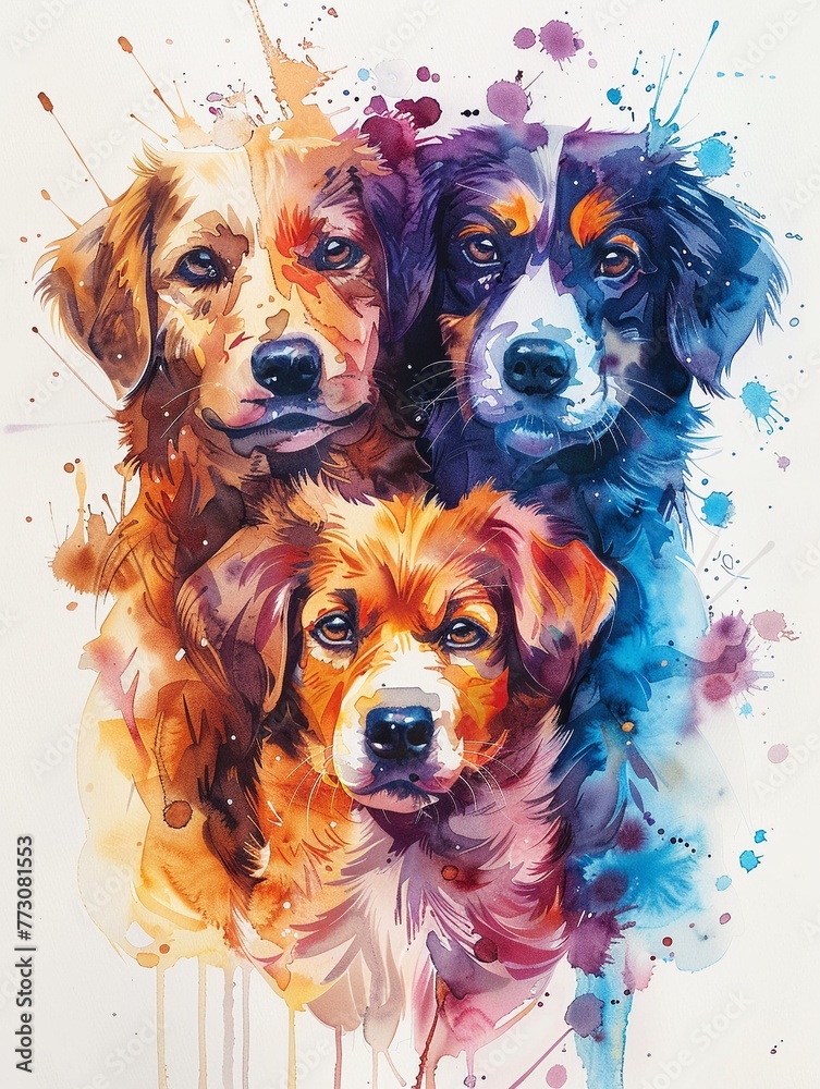Cute dogs in knolling layout, bright watercolor, vibrant and playful, charmingly presented