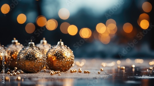 Christmas gold decorations on snow with fir tree branches and christmas lights. Winter Decoration Background