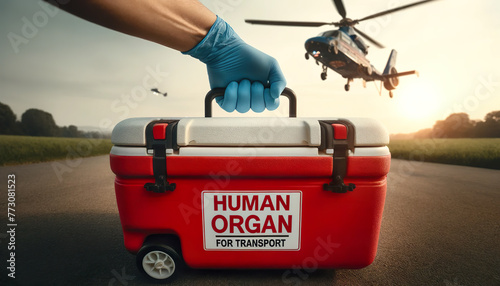 An urgent and life-saving human organ transport is efficiently conducted via medical helicopter, showcasing the critical role of air ambulance services in healthcare photo