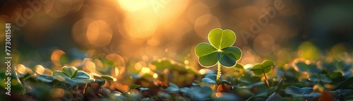 Evoke the feeling of serendipity with a creative twist on a low-angle shot of a four-leaf clover, surrounded by ethereal lighting and a hint of mystery Let the viewer feel the luck radiating photo