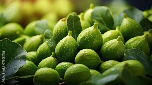 Cut and whole fresh green figs with leaves as background, closeup