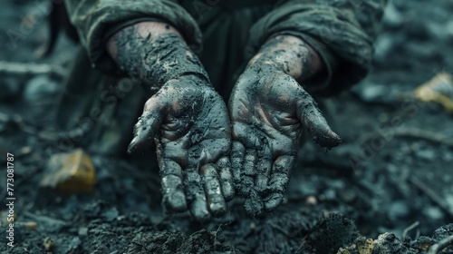 The hands tell a story of resilience, struggle, and survival amidst wreckage and ruin Ensure the details are sharp, conveying a mix of grit and hope in a single frame