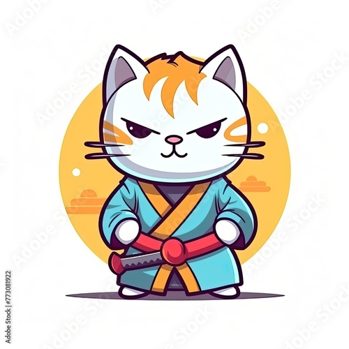 Cute Cat Samurai With Sword Cartoon Vector Icon Illustration. Animal Sport Icon Concept Isolated Premium Vector. Flat Cartoon Style