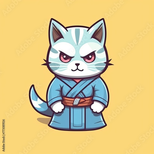 Cute Cat Samurai With Sword Cartoon Vector Icon Illustration. Animal Sport Icon Concept Isolated Premium Vector. Flat Cartoon Style