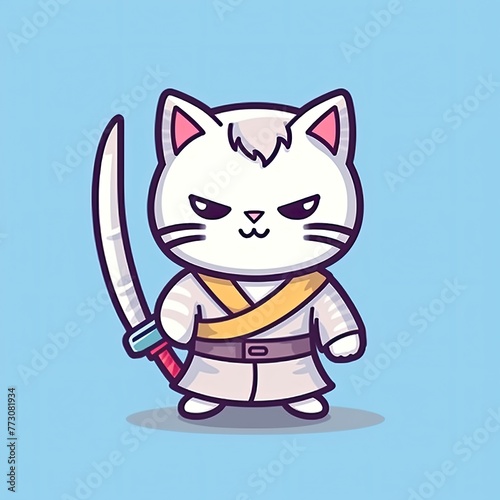 Cute Cat Samurai With Sword Cartoon Vector Icon Illustration. Animal Sport Icon Concept Isolated Premium Vector. Flat Cartoon Style