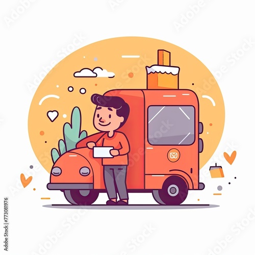 Cute Courier Delivery Package Cartoon  Icon Illustration. People Transportation Icon Concept Isolated Premium Vector. Flat Cartoon Style