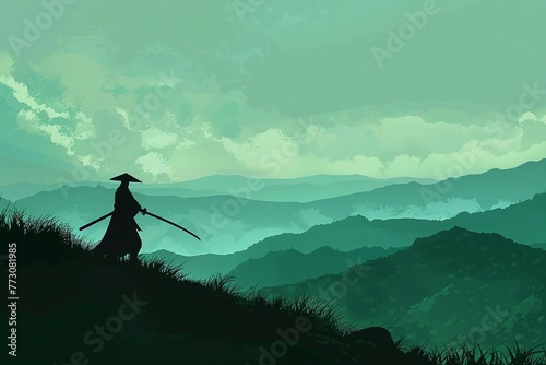 A anime scene of a man slashing a sword on a green hill - silhouette of a person in the mountains