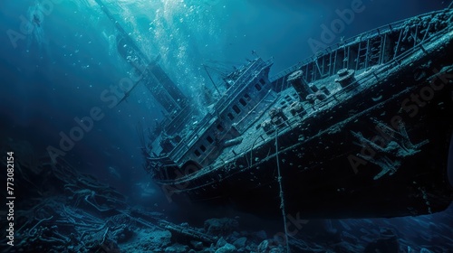 An underwater view of a shipwreck, with the ship lying on its side. The water is blue and there are bubbles rising up. The ship's hull is covered in moss and other sea life.jpg #773082154