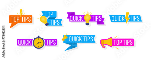 Quick tips shapes. Black - yellow speech bubble on white background with halftone effect. Quick tips, useful tricks logos, emblems and banners set isolated. Colorful tooltip, hint for website