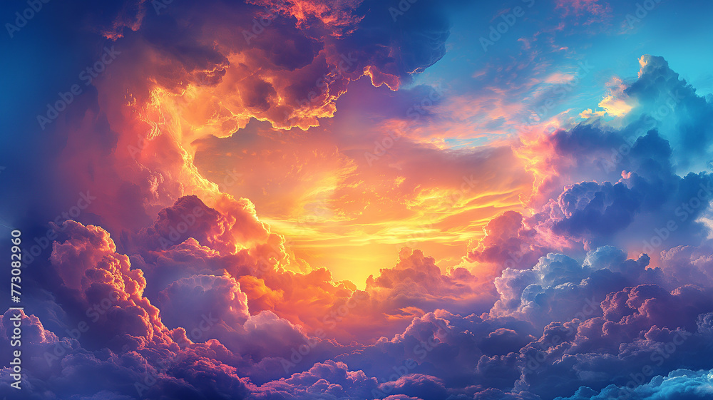 Dramatic sky with vibrant sunset clouds. Atmospheric nature background. Majestic and inspirational concept for poster and wallpaper design ,generative ai Dramatic sky with vibrant sunset clouds. Atmospheric nature background. Majestic and inspirational concept for poster and wallpaper design ,generative ai