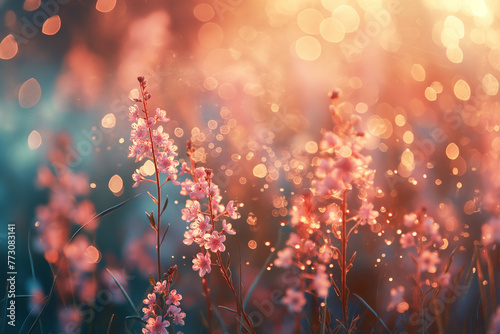 Enchanted meadow of wildflowers bathed in golden sunlight with a magical bokeh effect. Dreamy nature scene perfect for inspiration and mystical themes ,generative ai
