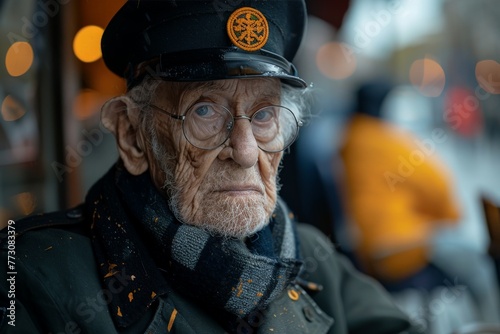 The picture focuses on the details and texture of an elderly man's clothing and accessories photo